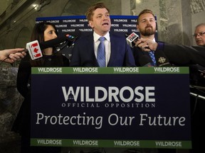 Wildrose leader Brian Jean speaks to the media after the NDP delivered the 2016/2017 provincial budget at the Alberta Legislature, in Edmonton Alta. on Thursday April 14, 2016. Photo by David Bloom
