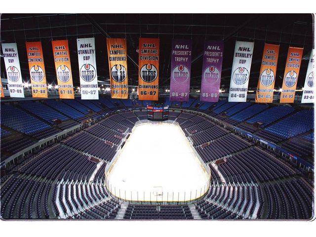 Cutlines Pics are of the banners as requested. As discussed need photos of coliseum shooting down and across. Paying particular attention to the banners. Might want talk to swanson and Greg before you go. / 970410.GAV COLISEUM Edmonton Oilers banner