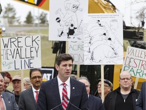 Mayor Don Iveson speaks during a ground breaking ceremony for the Valley Line LRT near the Muttart Conservatory in Edmonton, Alta., on Friday April 22, 2016.