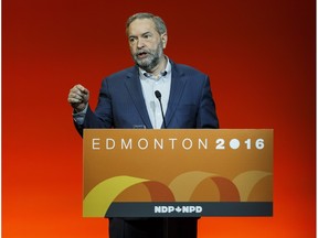 Federal NDP Leader Tom Mulcair speaks during the Edmonton 2016 NDP national convention at Shaw Conference Centre in Edmonton, Alta., on Sunday April 10, 2016.