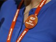 Former NDP MP Megan Leslie speaks, wearing a supportive button, for the Leap Manifesto during the Edmonton 2016 NDP national convention at Shaw Conference Centre in Edmonton on April 10, 2016.