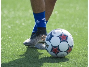 Pablo Cruz works on his one touch passing at FC Edmonton practice.