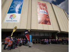 Fans arrive at Rexall Place for the final NHL game in the arena on Thursday.