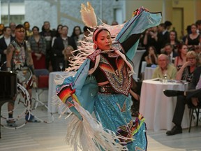 Waniya Cardinal, a member of the Running Thunder Dancers, performs at the Mayor's Celebration of the Arts at Edmonton City Hall on April 21, 2016.