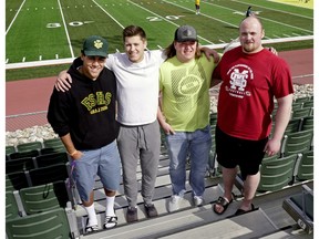University of Alberta Golden Bears football team recruits (left to right) Justice Momoka, Brendan Guy, Tyrell Hering and Blake Adams at Foote Field on April 28, 2016.