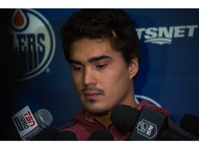 EDMONTON, Alta. (April 10, 2016) - Nail Yakupov speaks to media during the Oilers locker-cleanout day at Rexall Place. Topher Seguin/Postmedia