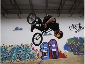 Drew Bezanson demonstrates some of his BMX freestyle skills Thursday during a media launch for the Festival International des Sports Extrêmes coming to Edmonton in September.