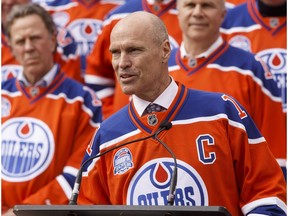 Edmonton Oilers alumni Mark Messier speaks during a fan rally at Churchill Square to say goodbye to Rexall Place in Edmonton, Alta., on Wednesday April 6, 2016. Photo by Ian Kucerak