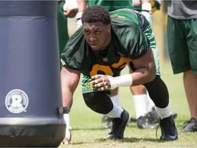 Eskimos' defensive lineman Sam Montgomery (93) sets up to run through drills during the mini-camp at Historic Dodgertown in Vero Beach on Sunday, April 17, 2016.