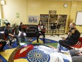 Instructor Jay Kuchinsky (right) teaches Métis fiddling to students, including (left to right) Joreal Orr, Ashton Severight and Kristine Mitchell, at Ben Calf Robe School in Edmonton on Thursday, April 7, 2016. Students from the school will be part of the Kiwanis Festival.