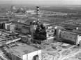 A 1986 file photo of an aerial view of the Chornobyl nuclear plant in Ukraine showing damage from an explosion and fire in reactor No. 4 on April 26, 1986, that sent large amounts of radioactive material into the atmosphere.