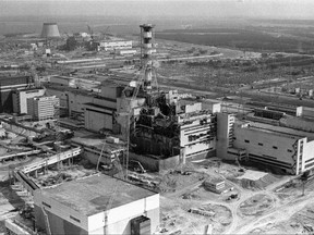 A 1986 file photo of an aerial view of the Chornobyl nuclear plant in Ukraine showing damage from an explosion and fire in reactor No. 4 on April 26, 1986, that sent large amounts of radioactive material into the atmosphere.