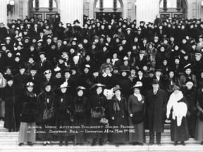 This photo, from March 1, 1916, shows women gathered on the step of the Alberta legislature, gathered to hear the debate on women's suffrage. Alberta women officially won the right to vote on April 19, 1916.