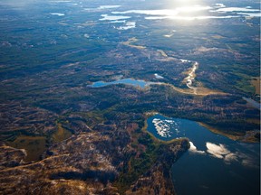 This 2013 aerial view shows boreal forest, muskeg and the Athabasca River delta system near Fort Chipewyan.