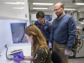 Graham Pearson, head of a new diamond exploration research training school, with Matthew Wudrick and Janina Czas at the University of Alberta.