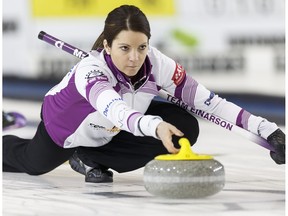 Skip Kerri Einarson shoots during the Grand Slam of Curling 2016 Humpty's Champions Cup play versus Team Flaxey at Sherwood Park Arena Sports Centre in Sherwood Park, Alta., on Thursday April 28, 2016. Competition runs through May 1. Photo by Ian Kucerak