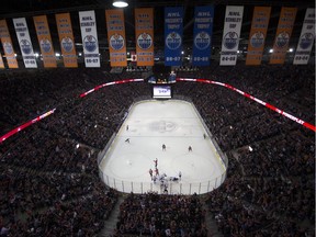 The Edmonton Oilers celebrate their third goal against the Vancouver Canucks during second period NHL action during the last NHL game at Rexall Place, in Edmonton Alta. on Wednesday April 6, 2016.