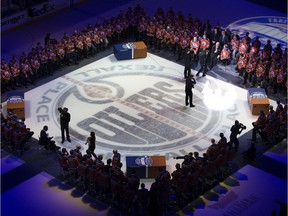 Edmonton Oilers alumni take part in a farewell ceremony, following the final NHL game at Rexall Place, in Edmonton Alta. on Wednesday April 6, 2016.