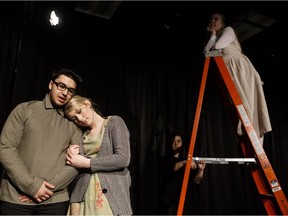 From left, Mohammad Kebbi, as Dr. Gibbs, Kiara Psiurski, as Mrs. Gibbs, and Sydney Jinjoe, as Emily Webb, perform during Lillian Osborne High School's production of Our Town.