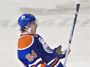 Edmonton Oilers' Nail Yakupov celebrates his game tying goal against the Los Angeles Kings during third period NHL hockey action in Edmonton, Alta., on Thursday January 24, 2013.