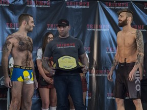 Triumph Fighting Championship promoter Victor Valimaki holds the lightweight championship belt Thursday at West Edmonton Mall during the weigh-in for Friday's Inception card, being held at the Shaw Conference Centre.