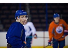 Ryan Nugent-Hopkins drills during practice at Rexall Place in Edmonton, Alta on Monday, April 4, 2016.