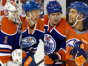 From left, Edmonton Oilers players Laurent Brossoit, Jordan Oesterle, Griffin Reinhart and Darnell Nurse.