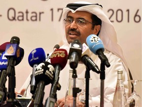 Qatar's Energy Minister Mohammed bin Saleh al-Sada holds a press conference during a meeting between major oil producing countries on April 17, 2016, in the Qatari capital Doha.