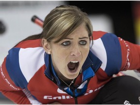 Scotland's Eve Muirhead shouts instructions during a win over Canada's Jennifer Jones at the Players' Championship on April 17. (Craig Robertson)