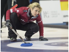 SHERWOOD PARK AB. APRIL 30, 2016 -Swiss Skip Silvana Tirinzoni at the Grand Slam of Curling's Champions Cup women's quarterfinals at the Sherwood Park Arena in Sherwood Park. Shaughn Butts / POSTMEDIA NEWS NETWORK