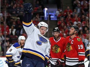 CHICAGO, IL - APRIL 19:  Vladimir Tarasenko #91 of the St. Louis Blues celebrates a first period goal against the Chicago Blackhawks in Game Four of the Western Conference First Round during the 2016 NHL Stanley Cup Playoffs at the United Center on April 19, 2016 in Chicago, Illinois.