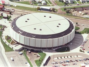 An aerial view of the former Edmonton Coliseum in 1998