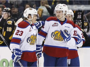 Edmonton's Dario Meyer (12) celebrates his goal with teammates during the second period of a WHL playoff game between the Edmonton Oil Kings and the Brandon Wheat Kings at Rexall Place in Edmonton, Alta., on Sunday April 3, 2016. Photo by Ian Kucerak