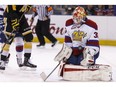 Edmonton's goaltender Payton Lee (30) makes a save during the second period of a WHL playoff game between the Edmonton Oil Kings and the Brandon Wheat Kings at Rexall Place in Edmonton, Alta., on Sunday April 3, 2016. Photo by Ian Kucerak