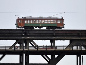 The streetcar crosses the High Level Bridge on June 8, 2012.