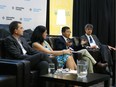 Speakers at the What's Fuelling Our Future? panel discussion on the future of energy. From left: Imre Szeman, Andreea Strachinescu, Junjie Zhang and Thom Mason.