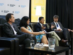 Speakers at the What's Fuelling Our Future? panel discussion on the future of energy. From left: Imre Szeman, Andreea Strachinescu, Junjie Zhang and Thom Mason.