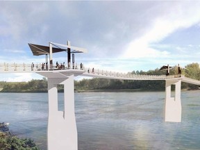 A rendering of the Terwillegar Park Footbridge that had the last of 86 deck panels installed Friday. It's the first bridge to use stress-ribbon construction in Edmonton.