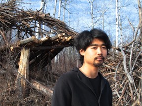 Hideki Yamakawa's giant art piece, Infinite Reoccurrance. The large-scale sculptural installation made of natural deadfall is in the forest at the south end of Range Road 275 against the north bank of the North Saskatchewan River about half an hour from southwest from West Edmonton Mall.