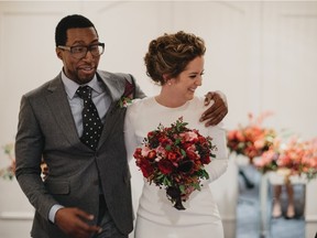 Frantz and Charlotte Clarkson during their Fairmont Hotel Macdonald wedding ceremony.