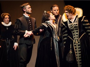 From left to right: Elizabeth Turnbull, Markiyan Fedyna, Kathryn Lewek (Mary Queen of Scots), Adrian Howard, Keri Alkema (Queen Elizabeth) in Edmonton Opera's production of Maria Stuarda.