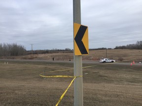 Police investigate after a body was found near Stony Plain Road and Winterburn Road in Edmonton, April 10, 2016.