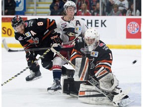 Lloydminster Bobcats Alex Leclerc deflects the puck wide during the 2016 RBC Cup at the Centennial Civic Centre on Tuesday, May 17, 2016 in Lloydminster, Sask. Tyler Marr/Lloydminster Meridian Booster/Postmedia Network ORG XMIT: Bobcats v Brooks