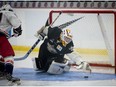Trenton Golden Hawks goal tender Daniel Urbani goes of the puck during the second period of Game 1 at the RBC Cup at the Centennial Civic Centre on Saturday, May 14, 2016 in Lloydminster, Sask. Tyler Marr/Postmedia Network