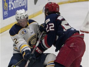 Carleton Place Canadians defender Owen Grant is checked by Brooks Bandits Parker Foo during the second period at the 2016 RBC Cup at the Centennial Civic Centre on Thursday, May 19, 2016 in Lloydminster, Sask. Eric Healey/Lloydminster Meridian Booster/Postmedia Network --- Begin Additional Info --- Carleton Place Canadians defender Owen Grant is checked by Brooks Bandits Parker Foo during the second period at the 2016 RBC Cup at the Centennial Civic Centre on Thursday, May 19, 2016 in Lloydminster, Sask.