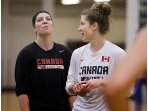 Katherine Plouffe (left) and sister   Michelle Plouffe practice with the Canadian National Women's basketball team at the Saville Centre on May,  24 2016 in Edmonton.