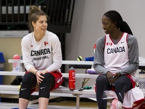 Michelle Plouffe and Tamara Tatham ice their feet after practice with the Canadian national women's basketball team practice at Saville Centre on May 24 2016.