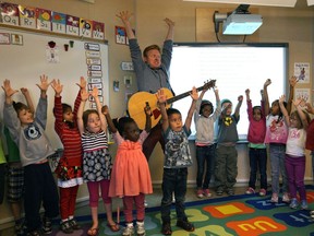 Kindergarten students at Edmonton's Tipaskan School rehearse with musician Martin Kerr in preparation for the Jim Cuddy benefit concert for full-day kindergarten being held at the Citadel Theatre on Friday, May 27, 2016.