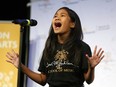 Rachel Carino, 12, performs at Eastglen High School on May 25, 2016, in Edmonton where Canadian recording artist Sarah McLachlan announced that the Sarah McLachlan School of Music, based in Vancouver, will open another school in Edmonton.