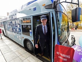 Mayor Don Iveson, in the specially wrapped "What Moves You?" engagement Edmonton Transit bus in September 2015.